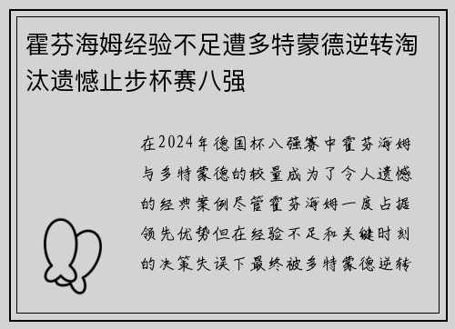 霍芬海姆经验不足遭多特蒙德逆转淘汰遗憾止步杯赛八强