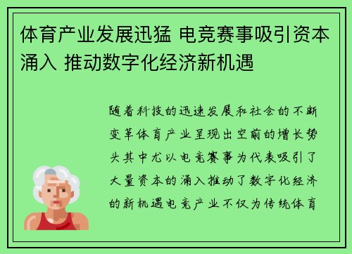 体育产业发展迅猛 电竞赛事吸引资本涌入 推动数字化经济新机遇