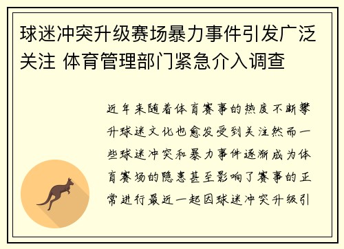 球迷冲突升级赛场暴力事件引发广泛关注 体育管理部门紧急介入调查