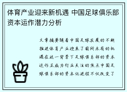 体育产业迎来新机遇 中国足球俱乐部资本运作潜力分析