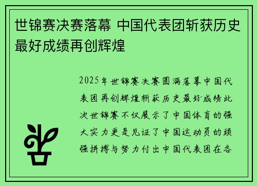 世锦赛决赛落幕 中国代表团斩获历史最好成绩再创辉煌